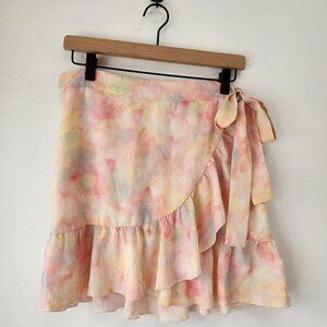 C&V Chelsea & Violet Pink Rainbow Watercolor Ruffle Trim True Wrap Skirt Size M